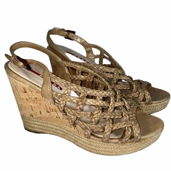 Prada Tan Braided Leather Wedges Size 36.5 Authentic - Picture 2 of 13